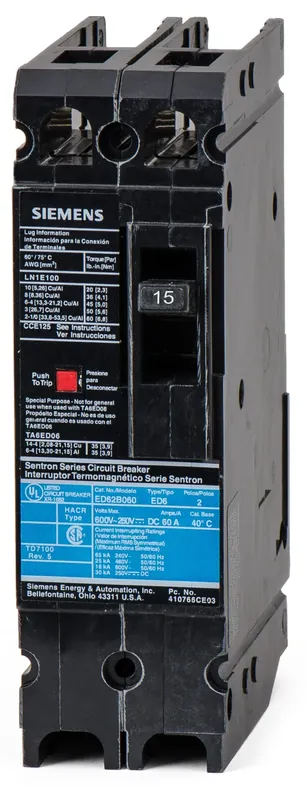 Siemens ED62B015 - 15A 2 Pole Molded Case Circuit Breaker Clearance