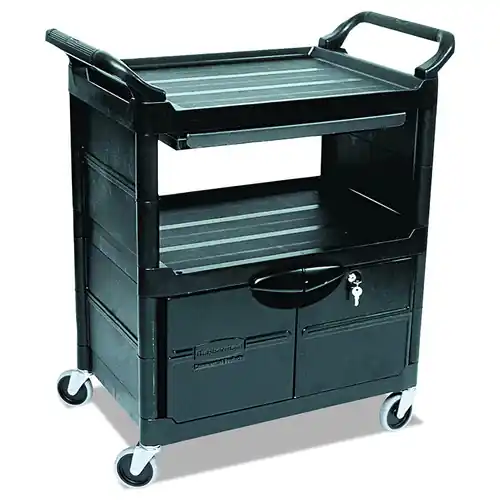 Rubbermaid Commercial FG345700BLA Utility Cart W/Doors Back Panel Drawer Hot Deal