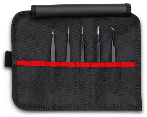 Certified Knipex 92 00 01 ESD 5 Pc Stainless Steel Tweezers Set in Tool Roll, ESD