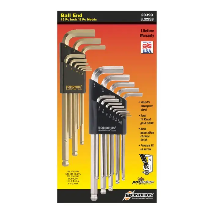 Top Rated BONDHUS 20399 .050" to 3/8", 1.5mm to 10mm Hex Size, Assorted Long Arm Length, BriteGuard & GoldGuard Finish Ball Key